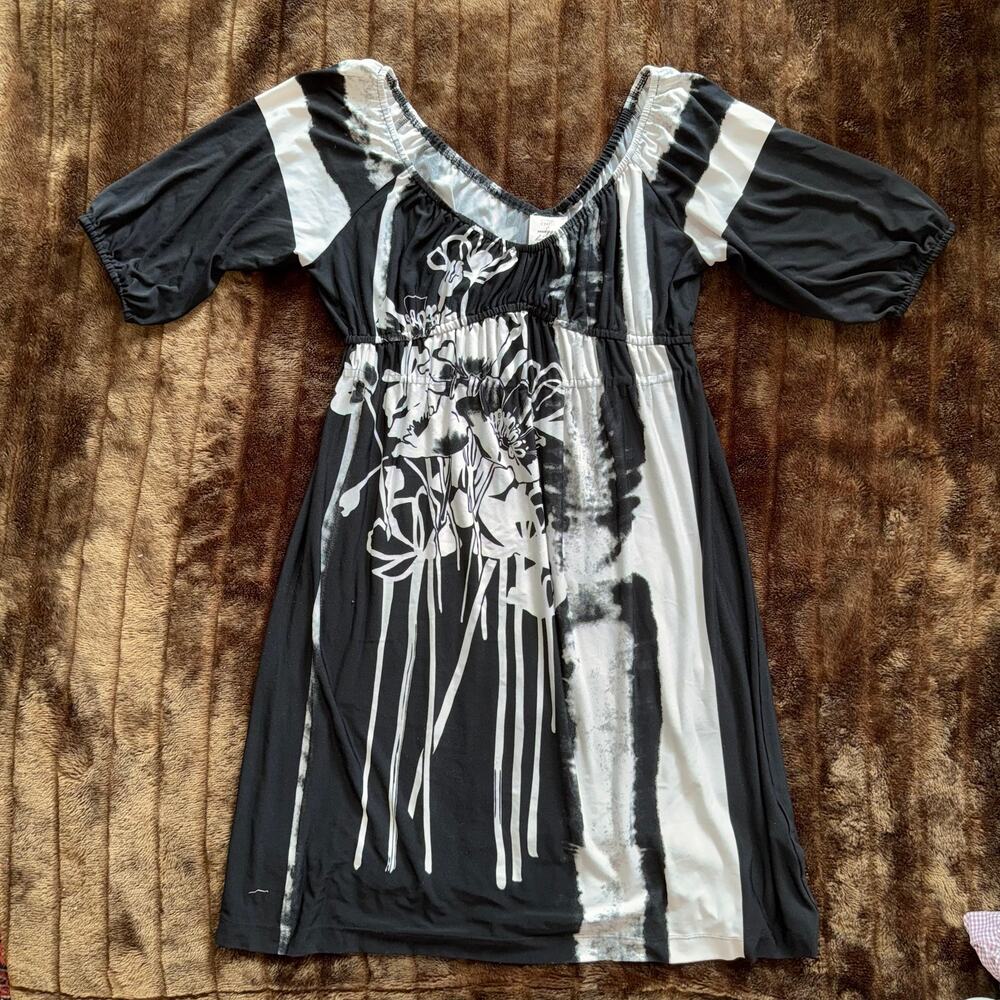 Suzi Chin Maggy Boutique Dress Womens 12 Black White Floral Empire Waist MINT